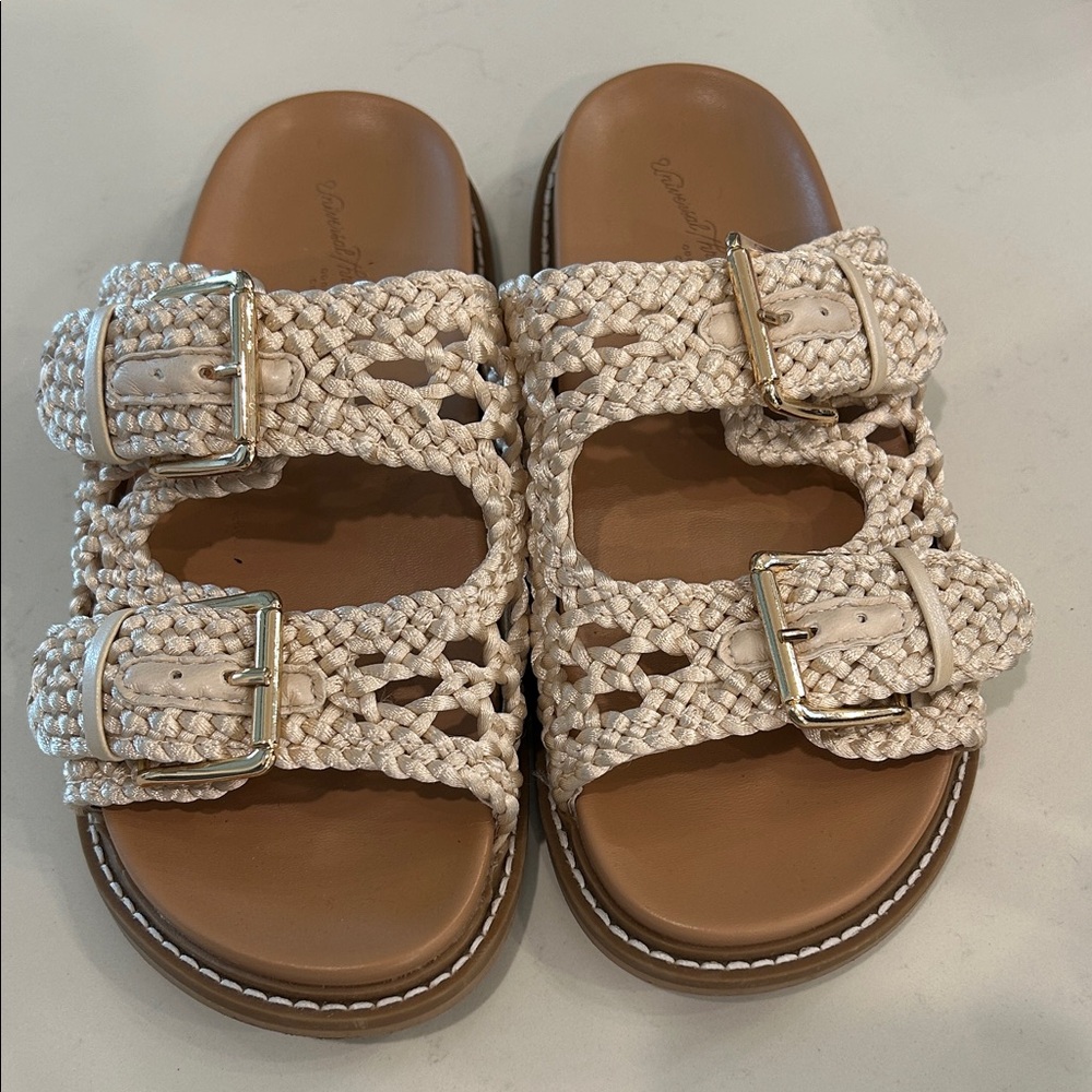 Braided Double-Buckle Slide Sandals in Cream